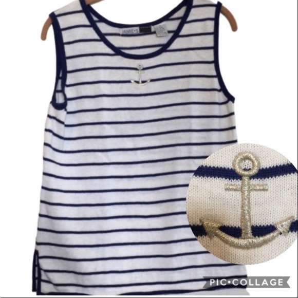 VINTAGE JAMIE S CASUALS Sweater Tank Embroidered White Navy Blue Stripes Medium - Picture 2 of 12